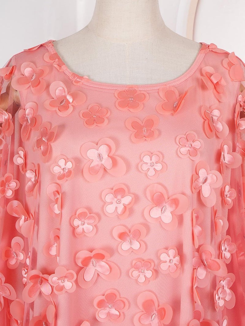 HD African Women Applique Flower Dress Boat Neck Pink (Coral) Caftan Chiffon Gown One Size - Image 4